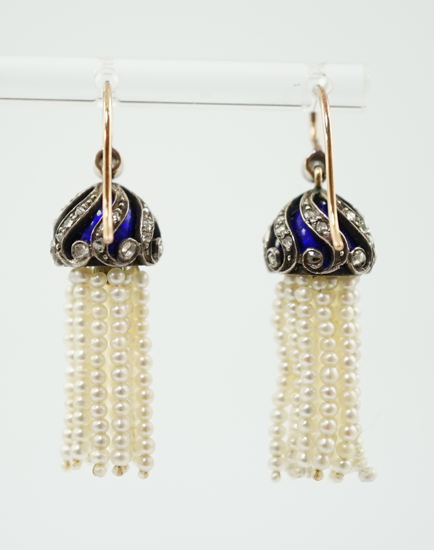 A pair of late Victorian, gold and seed pearl multi tassel drop earrings